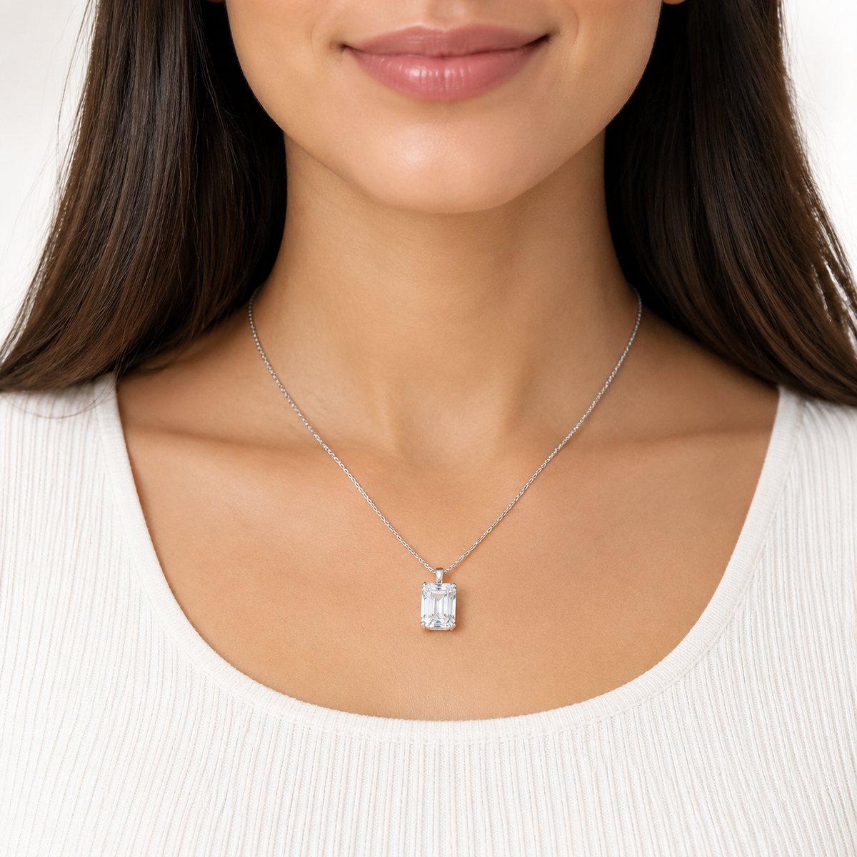 IGI Certified 1.5 CT Emerald Cut Lab-Grown Diamond Necklace in Sterling Silver